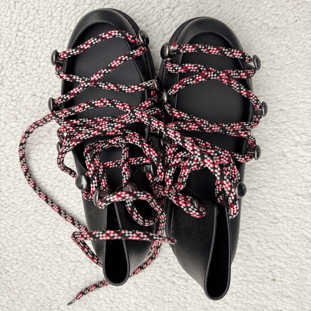 MELISSA Rubber Open Mary Jane Sandals with Red Laces in Black SZ 6